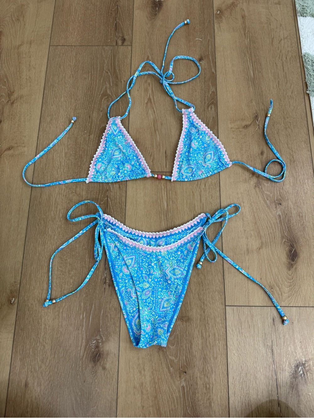 Blue Paisley Tie-Side Bikini with Pink Trim